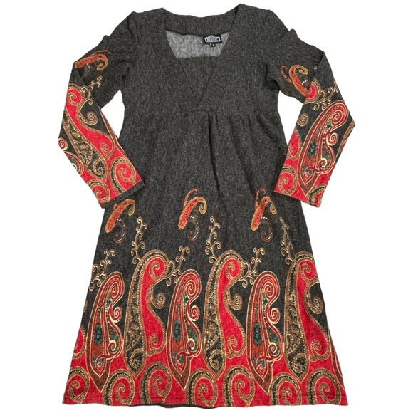 Angie size small red gold dark gray swirls/flames dress long sleeves vneck EUC - Picture 1 of 10